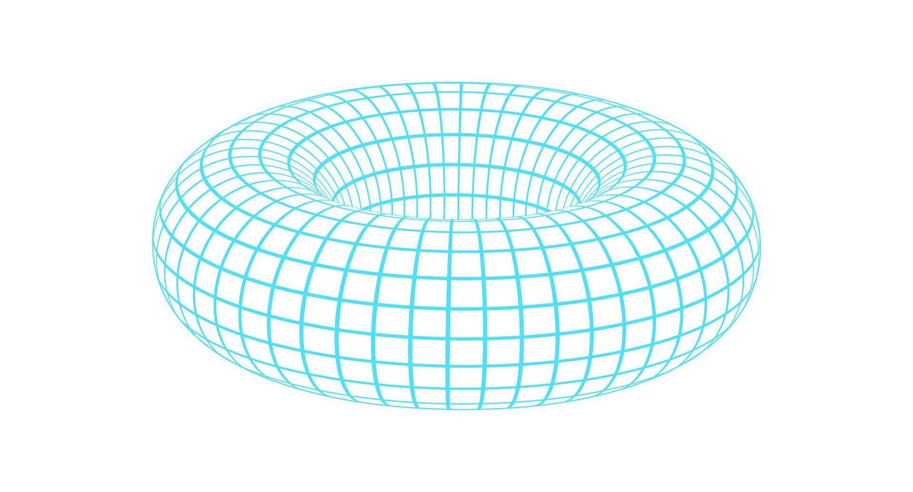 Geometric 3d mesh donut, 90s retro trendy grid pattern structure illustration, cyber tech geometry 3d wireframe figure graphic, vaporwave abstract mesh shape object. vector