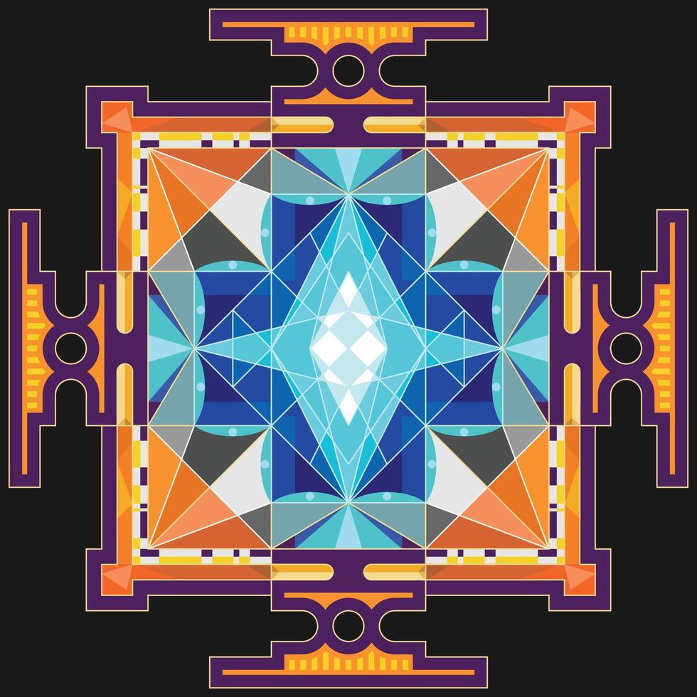 Sri abstractly yantra. Symbol of Hindu tantra formed by interlocking triangles that radiate out from the central point. Sacred geometry. Mystical diagram vector