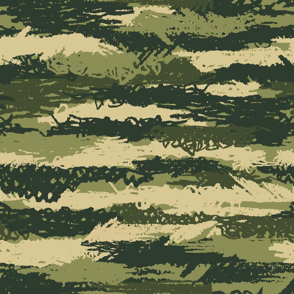 Camouflage grunge texture. Seamless abstract background of paint strokes. Fabric print or wallpaper. Modern fashion design. Khaki camo made brush hand draws pattern. Army uniform vector