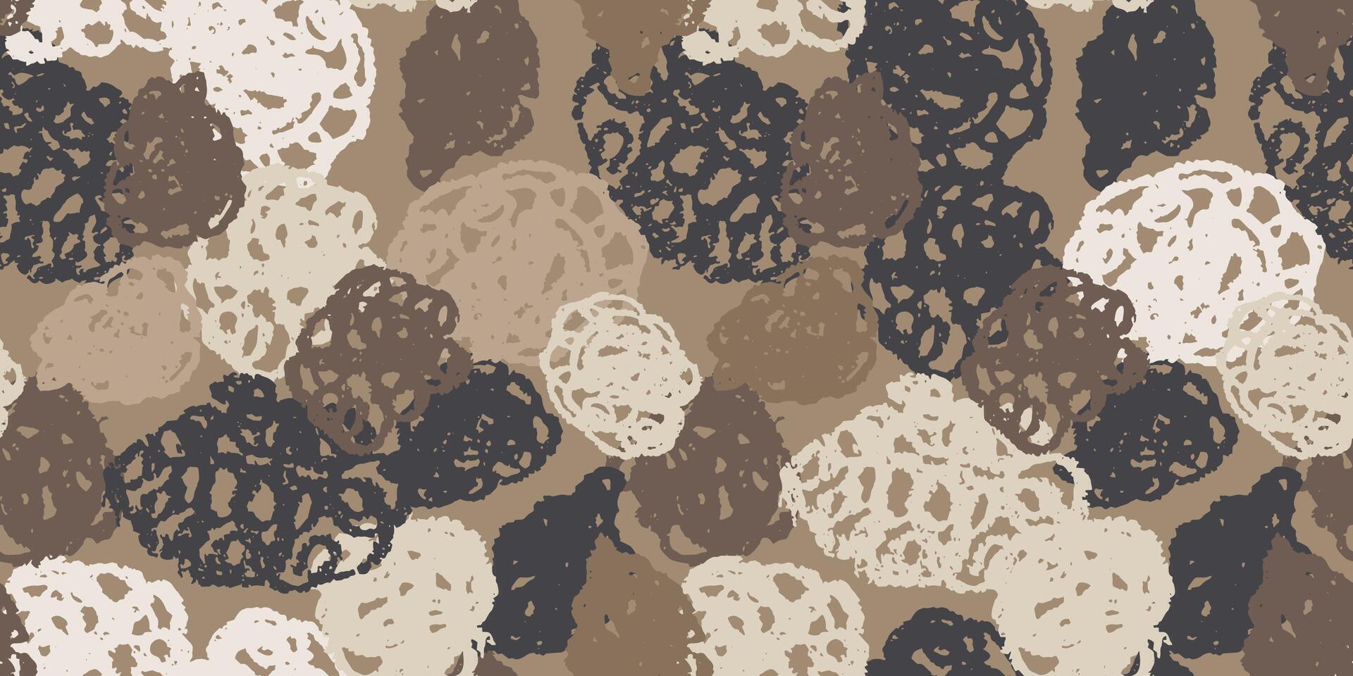 Brown grunge spiral balls background. Camouflage seamless pattern. Camo scribble hatching texture. Doodle hand strokes draws, round dirty spots vector