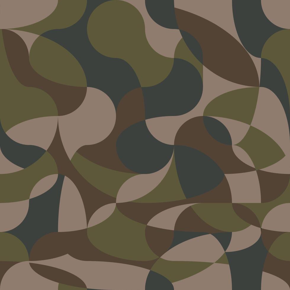 Curve continuous line overlap camouflage wallpaper. Wavy seamless dark khaki green army camo pattern. Liquid texture design vector