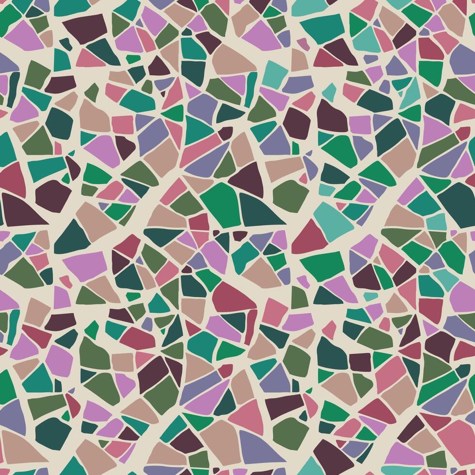Terrazzo seamless pattern. Marble flooring with polished rock surface. Green violet and brown colored stones texture vector