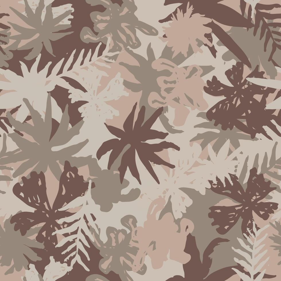 Camouflage plant leaves, hand drawn seamless pattern. Ink texture with tree branches wallpaper. Camo with twig beige brown color background vector