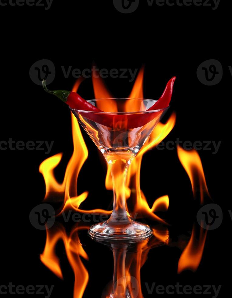 A martini glass with a chili pepper on fire photo