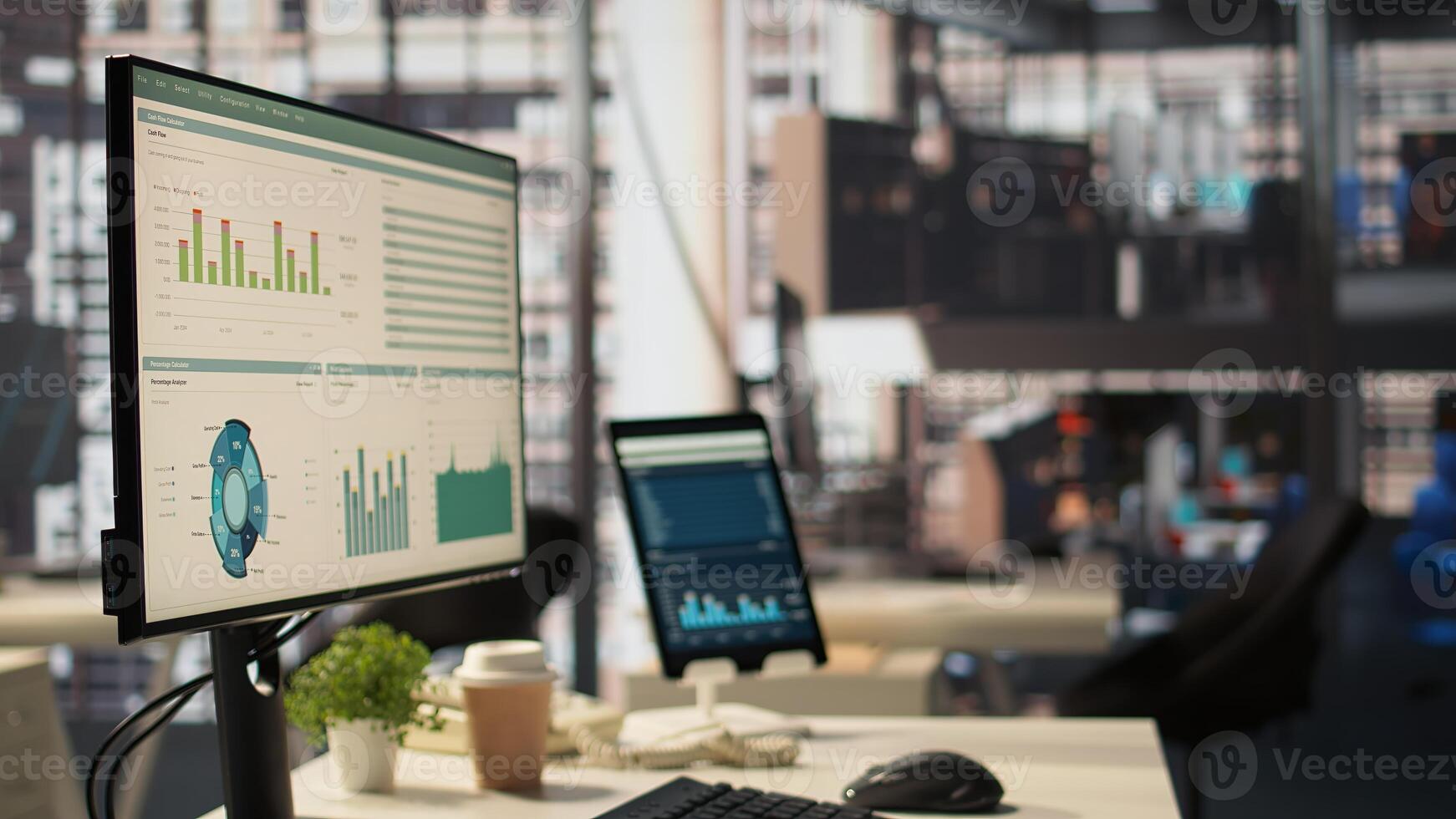High end office workspace with advanced technology to enhance efficiency, helping business professionals focus on financial strategies. Global enterprise success objectives. photo
