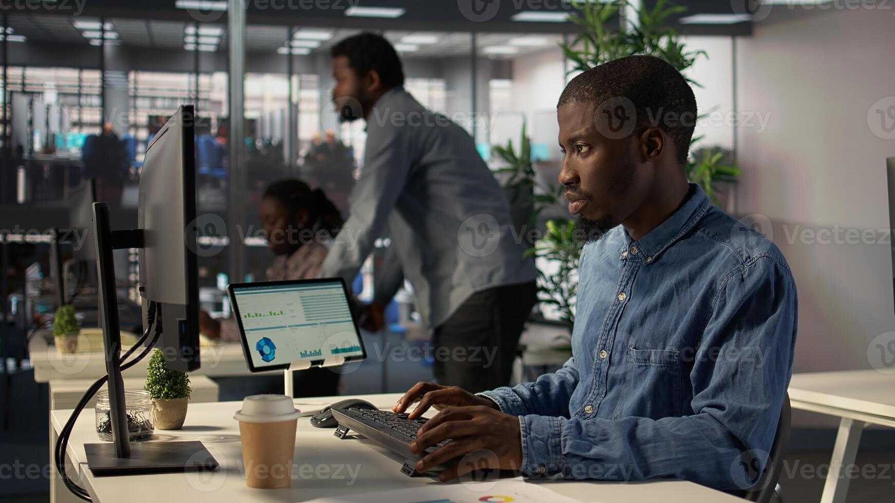 General director in modern office engaged in infographics reports for problem solving, financial planning to support enterprise growth and accomplish strategic objectives. Camera B. photo