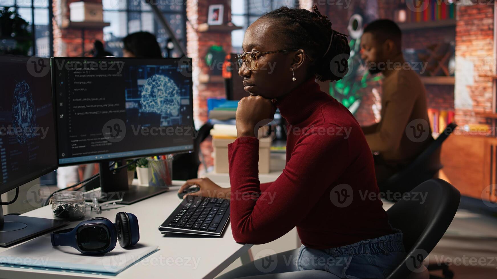 Programmer working on artificial intelligence algorithm, refining machine learning models to enhance automation and data driven decision making. Woman using coding platform in office, camera A photo