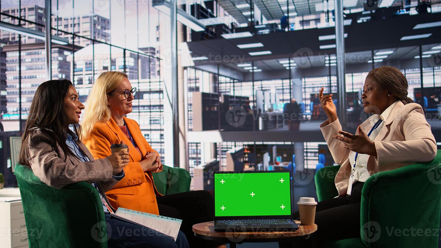 Ambitious female leaders making decisions next to isolated copy space, sharing ideas for global expansion. General directors ensuring new executive strategy for development. Camera B. photo