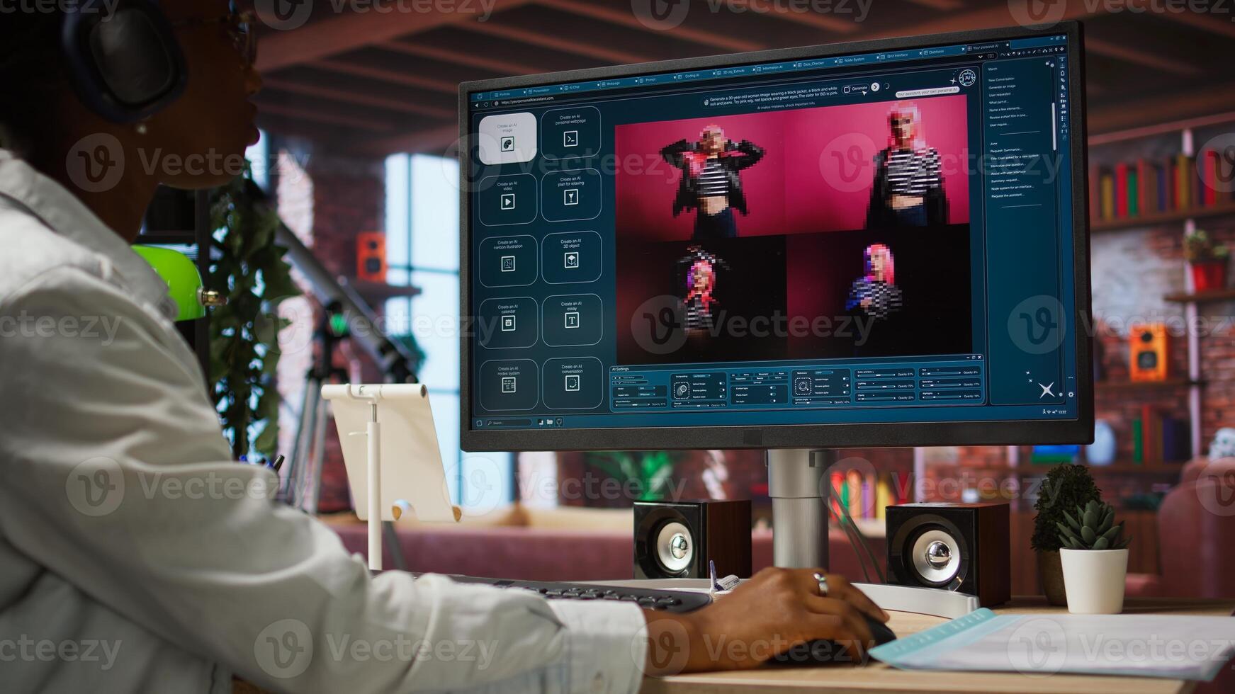 Woman in home office using software turning text prompt into photos. Person in apartment using text to image artificial intelligence generator transforming words into pictures, camera A photo