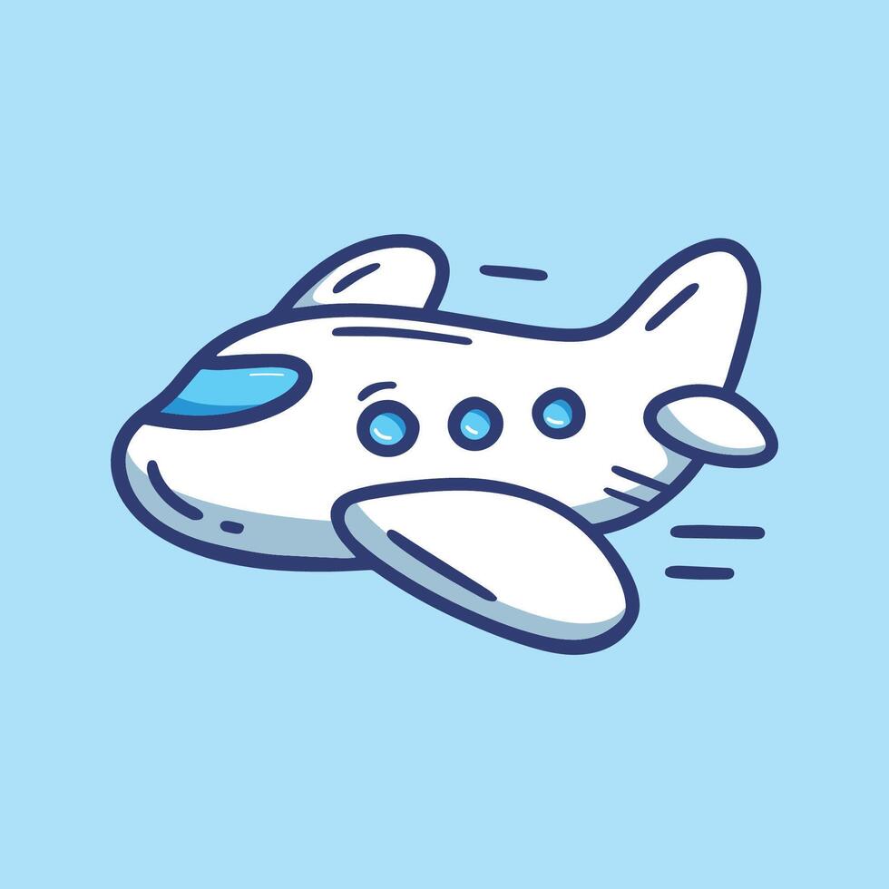 Cartoon style airplane flying through the sky with a clean blue background. Simple, playful design perfect for travel, transport, education, and aviation themed creative projects. vector
