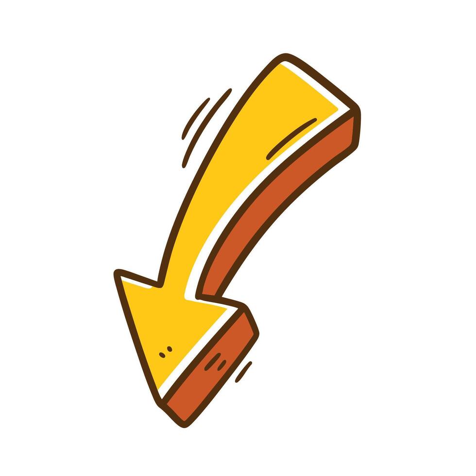 Bold yellow curved down arrow in cartoon style with dynamic lines and thick outline. Perfect for web, presentation, highlight, UI pointer, and attention grabbing visual content. vector