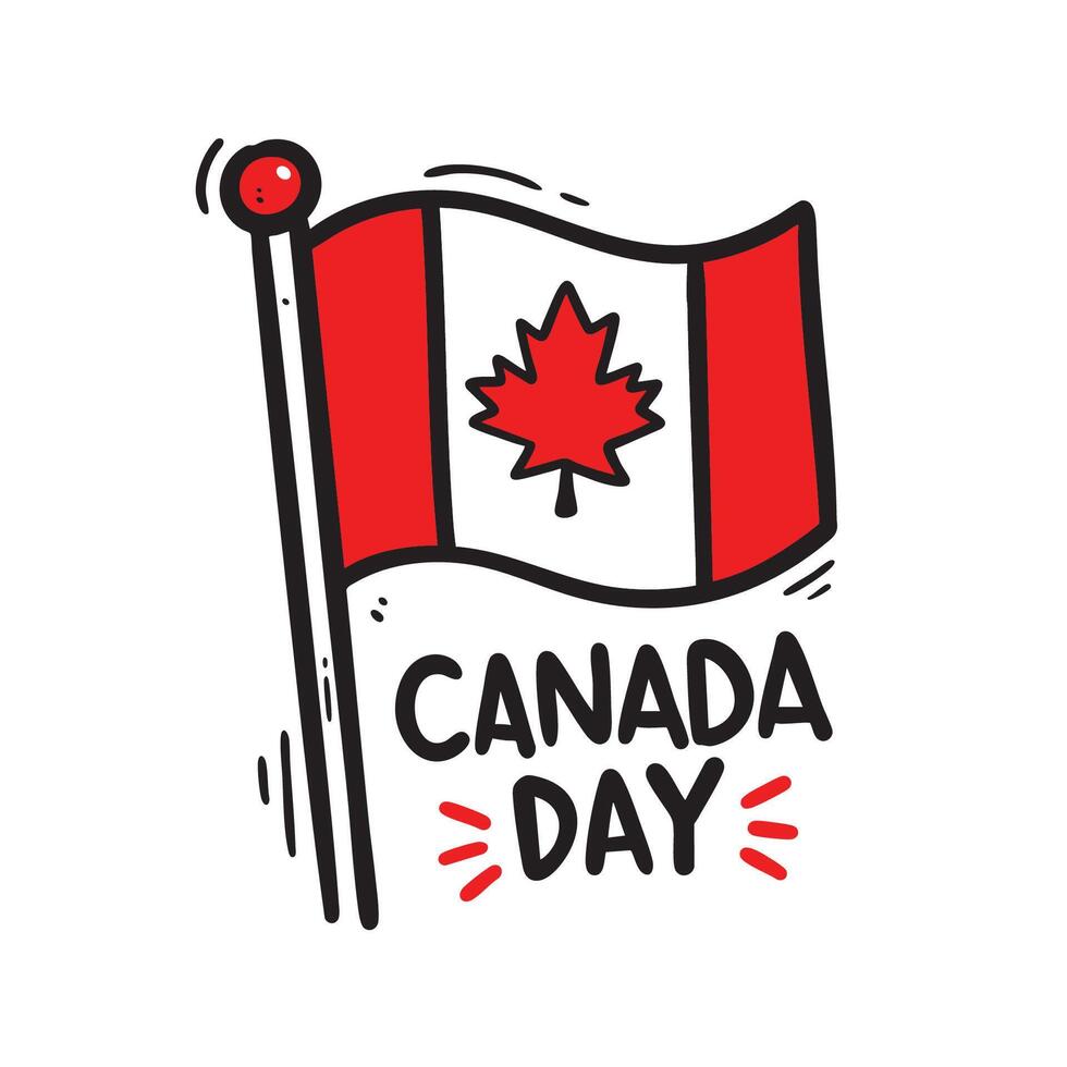 Hand drawn doodle of the Canadian flag with maple leaf and text Canada Day. A fun and festive cartoon style design perfect for national holiday celebration and patriotic themes. vector