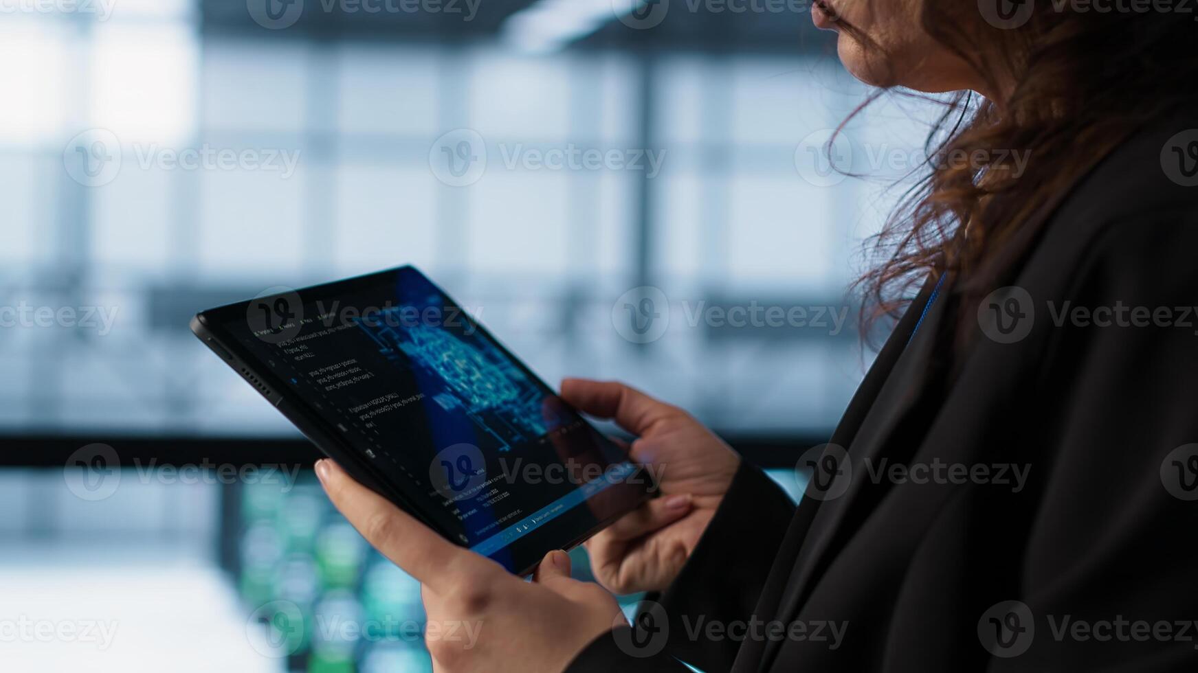 Engineer in with tablet integrating AI driven automation tools. Worker ensuring continuous uptime of server room using artificial intelligence, managing data flows, camera A photo