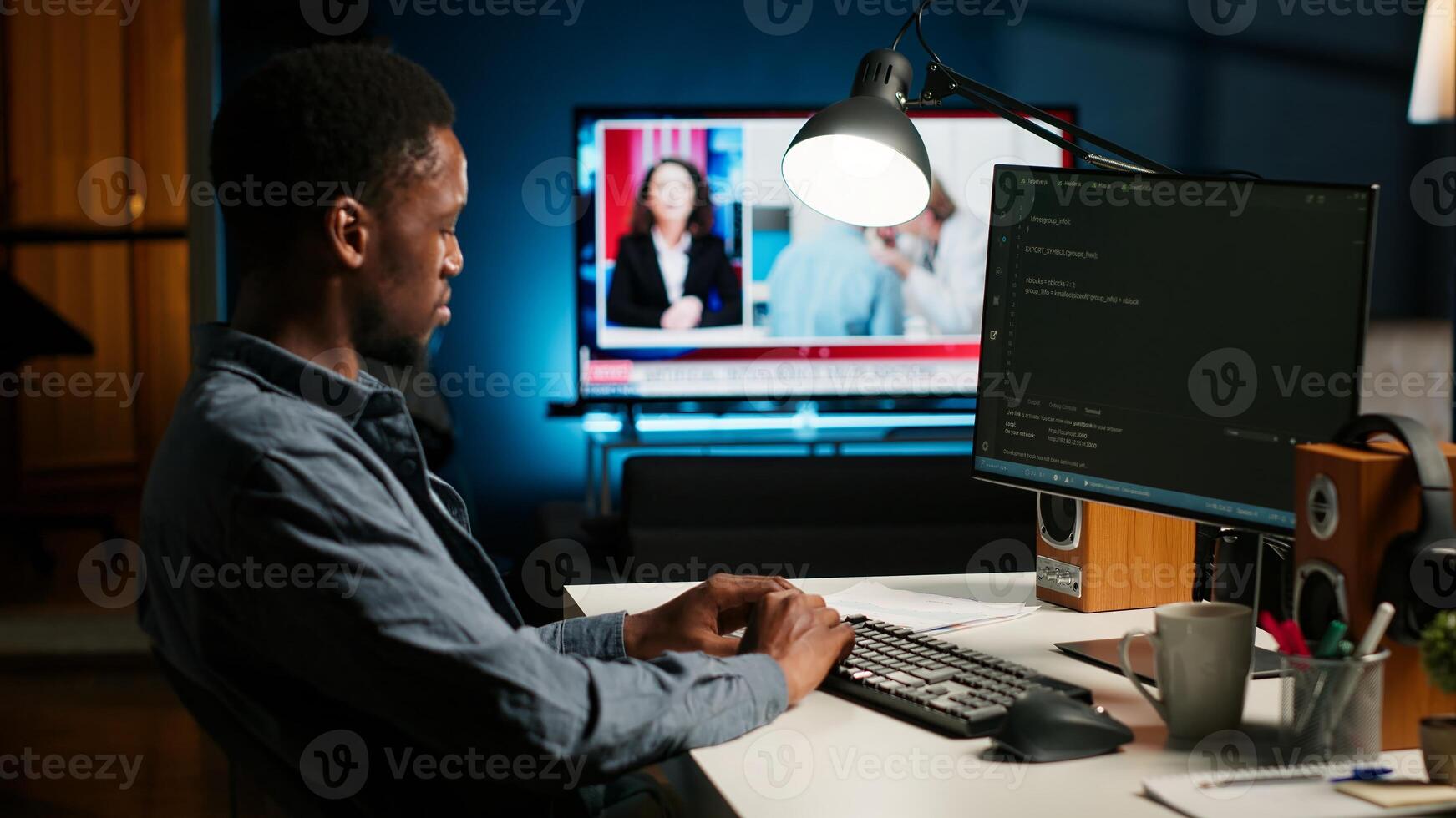 Developer enters binary data on terminal panel and establishing html code. Software engineer working from home on troubleshooting with programming language, encryption. Camera B. photo