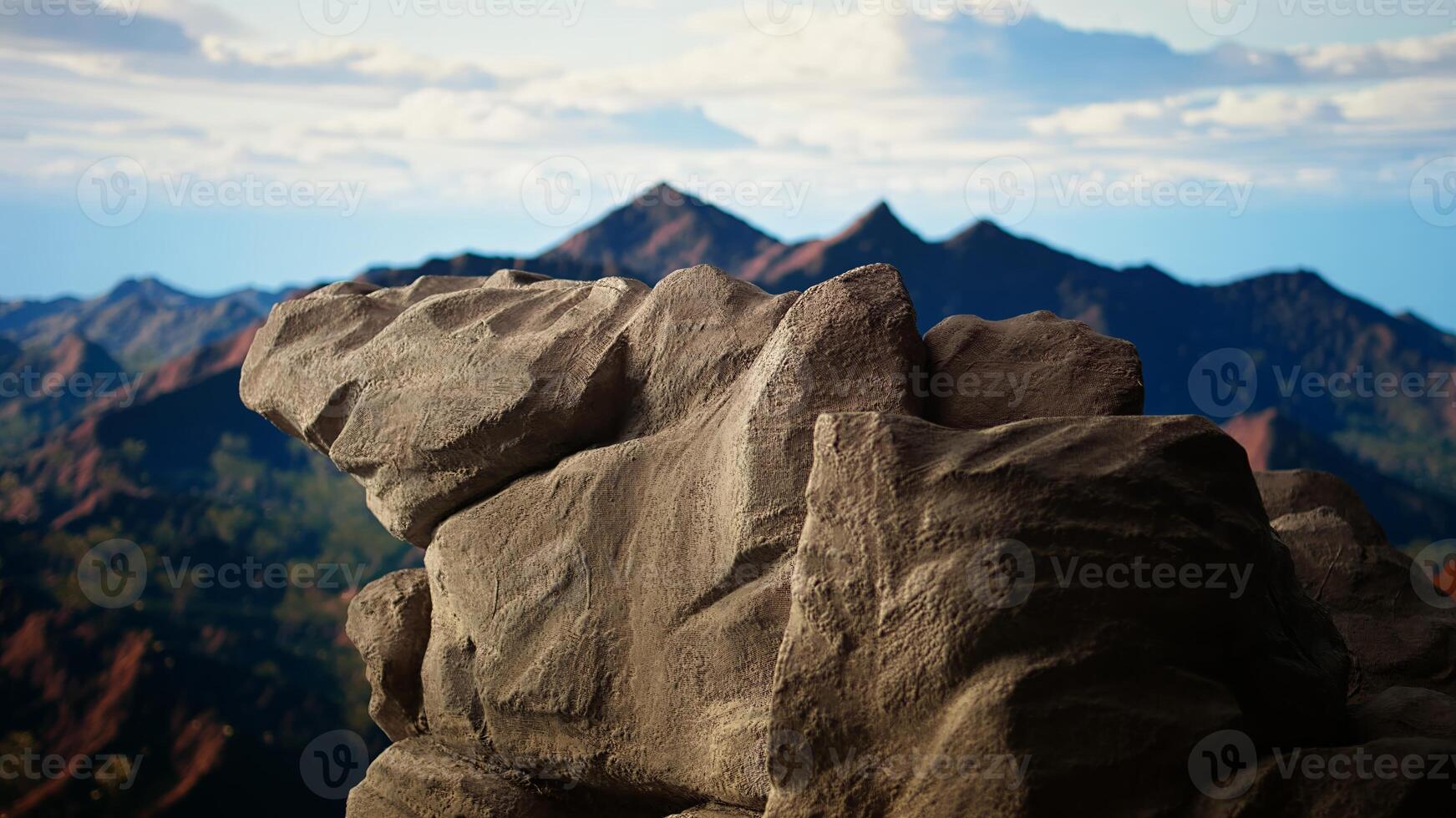 Picturesque mountain summit with rocky foreground showcasing raw beauty of nature. True haven for who crave freedom and thrill of trekking through remote alpine regions. photo
