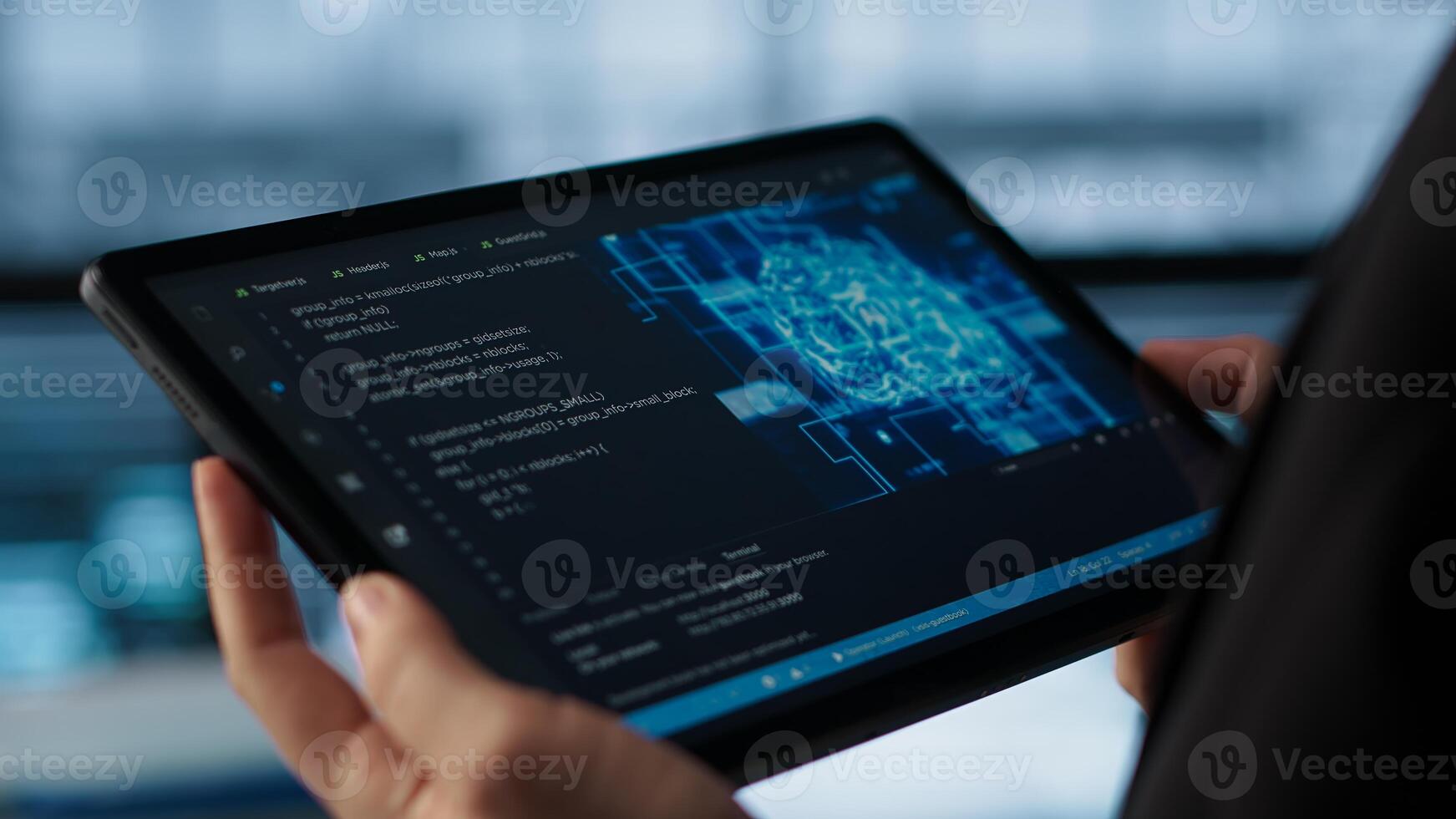 Programmer in data center using AI on tablet, verifying compliance requirements of supercomputers. Server hub worker optimizing resources using device, camera A close up photo