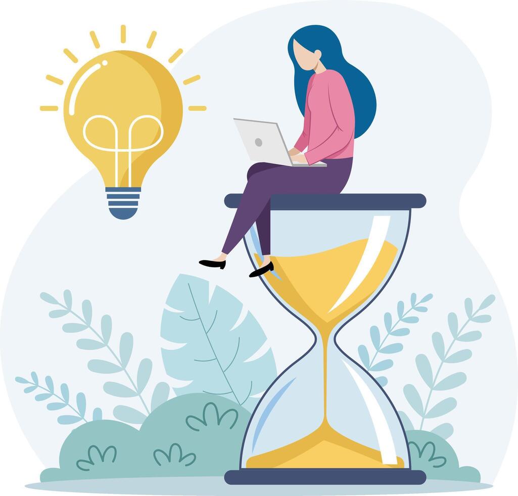 Illustration of a woman sitting on a large hourglass, symbolizing time management or urgency vector