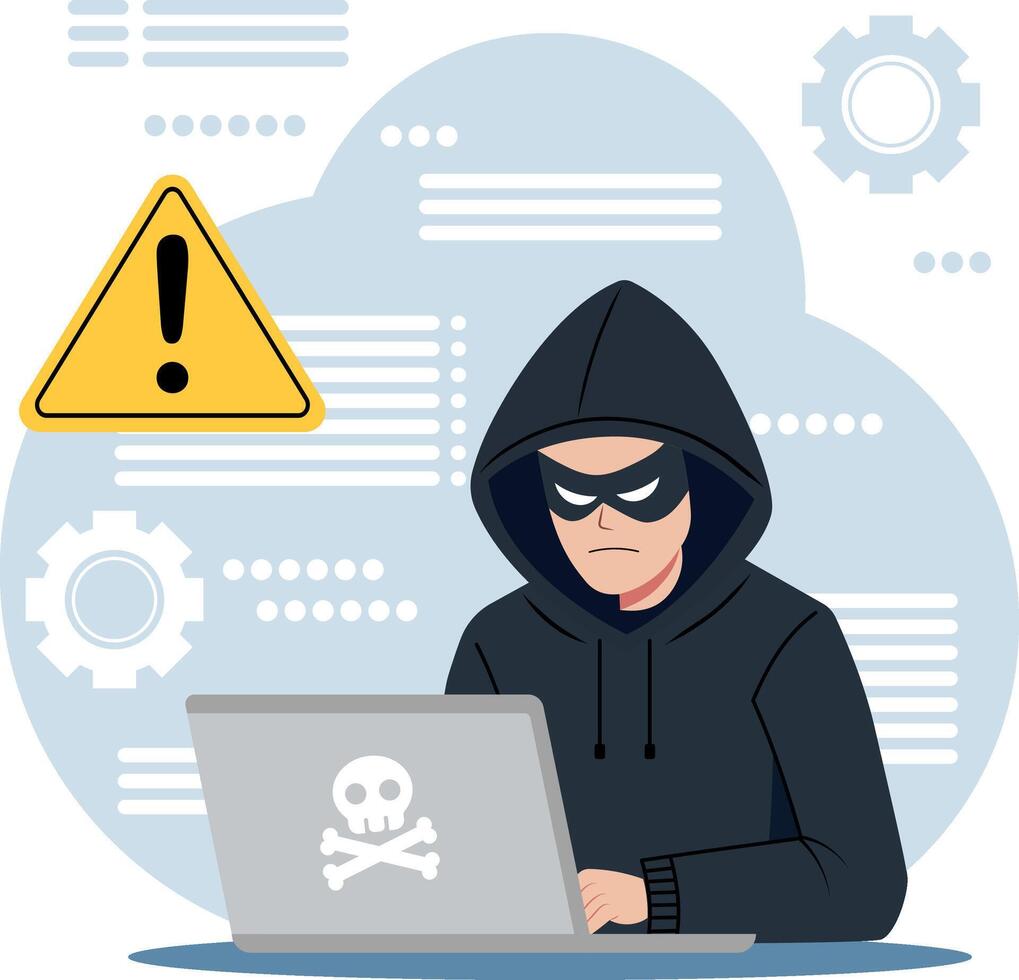 Illustration of a hacker in a black hoodie sitting in front of a laptop. Technology or cyber security theme vector