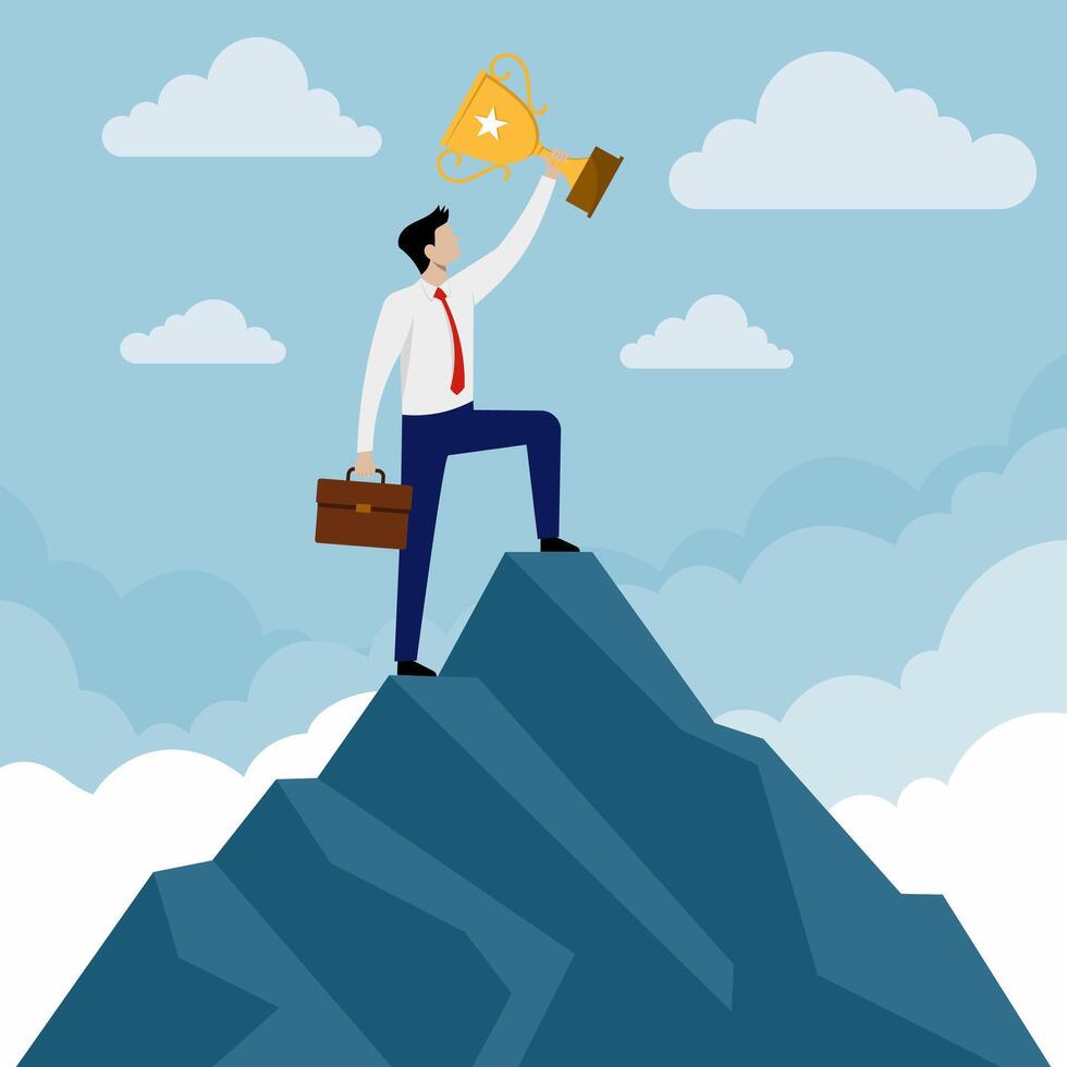 Illustration of a businessman standing on a mountaintop holding a golden trophy to represent victory, symbolizing success. vector