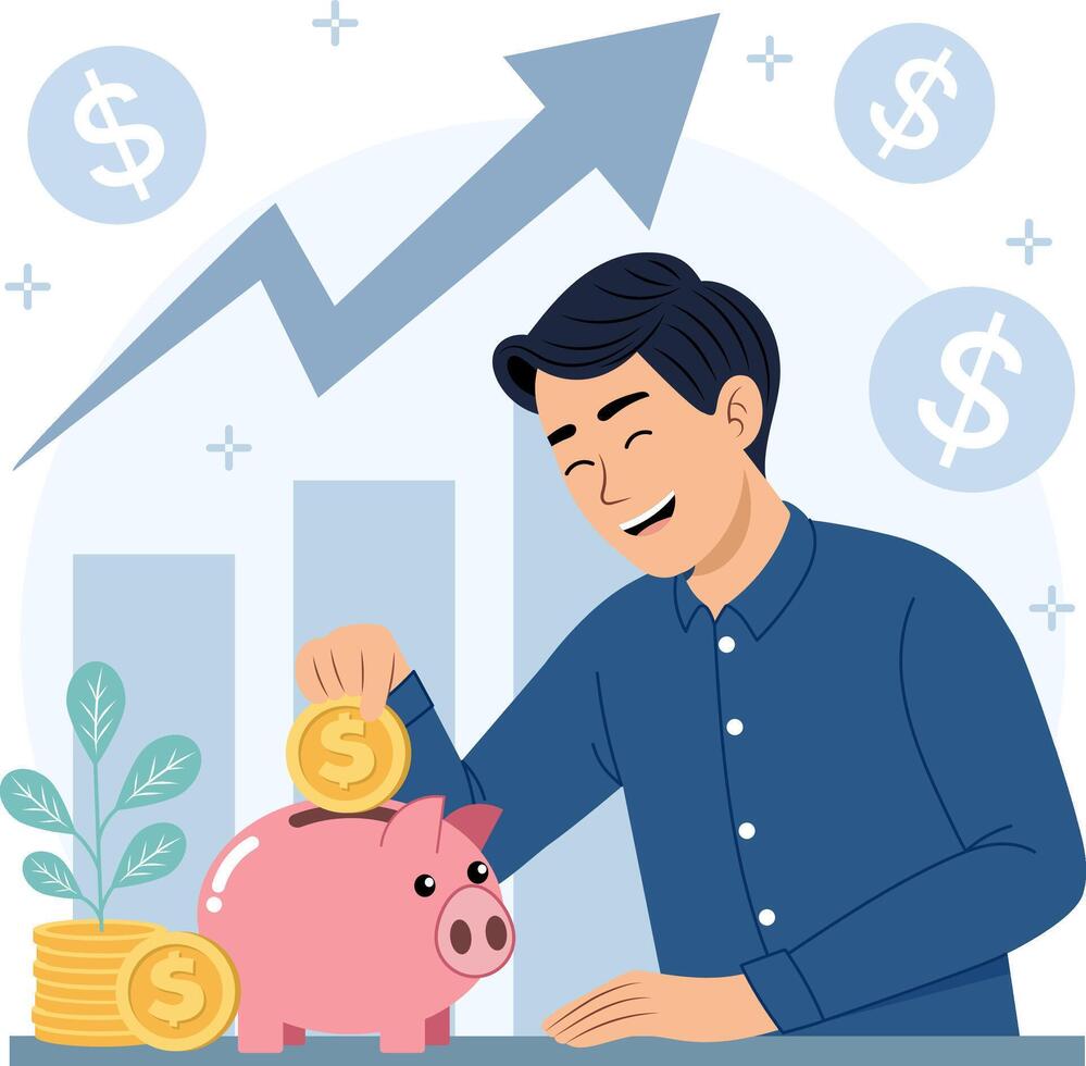 man sitting at a table and putting a dollar coin in a piggy bank, focusing on savings and financial planning vector