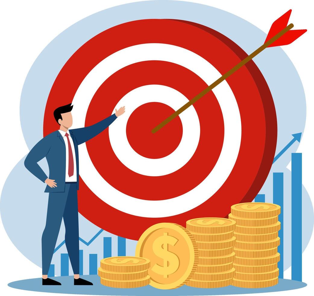 Illustration of a businessman standing with a dart in the middle of a large target vector