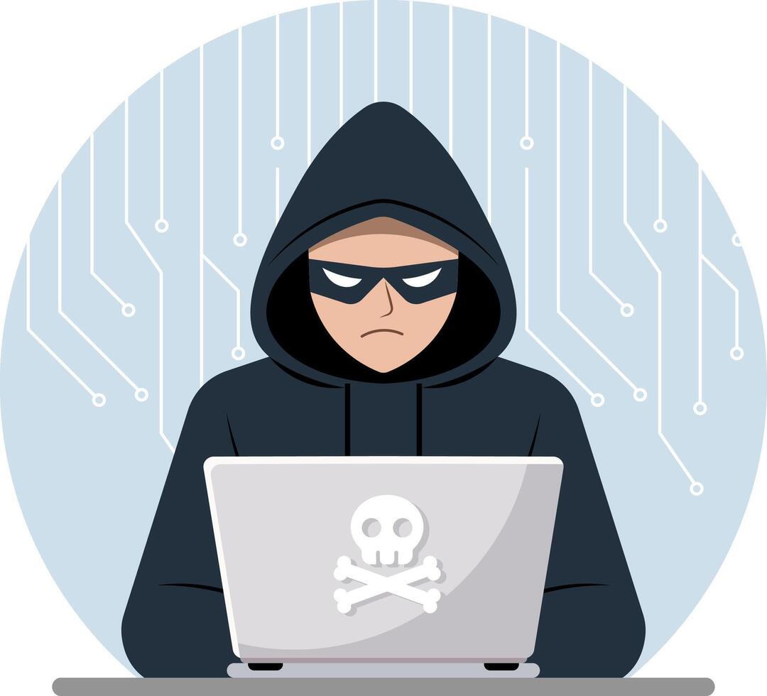 Illustration of a hacker in a black hoodie sitting in front of a laptop vector