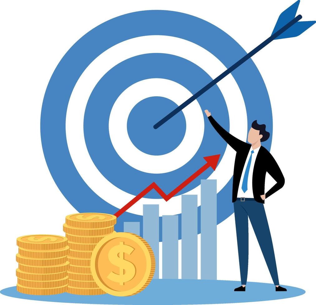 Illustration of a businessman standing with a dart in the middle of a large target, representing financial success, symbolizing growth and success. vector