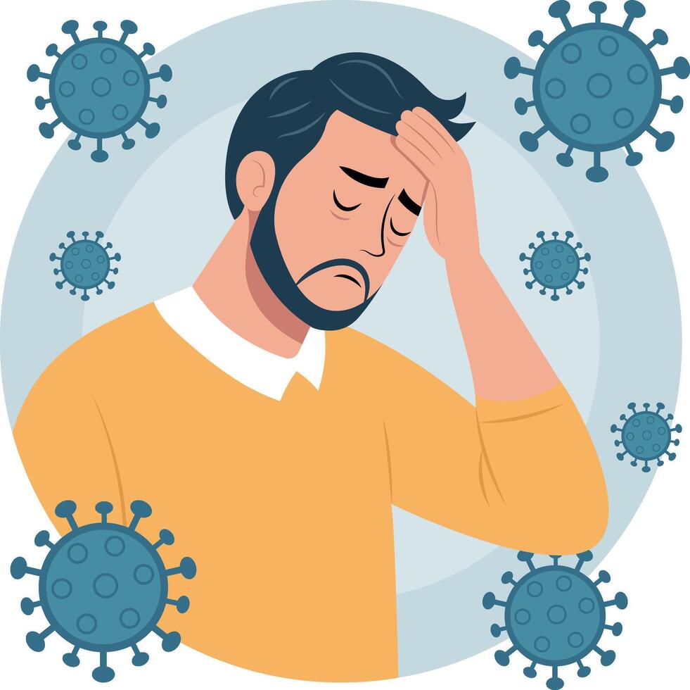 Illustration of a sick man. His facial expression shows discomfort. Around him are floating virus particles, which indicates illness or infection. vector