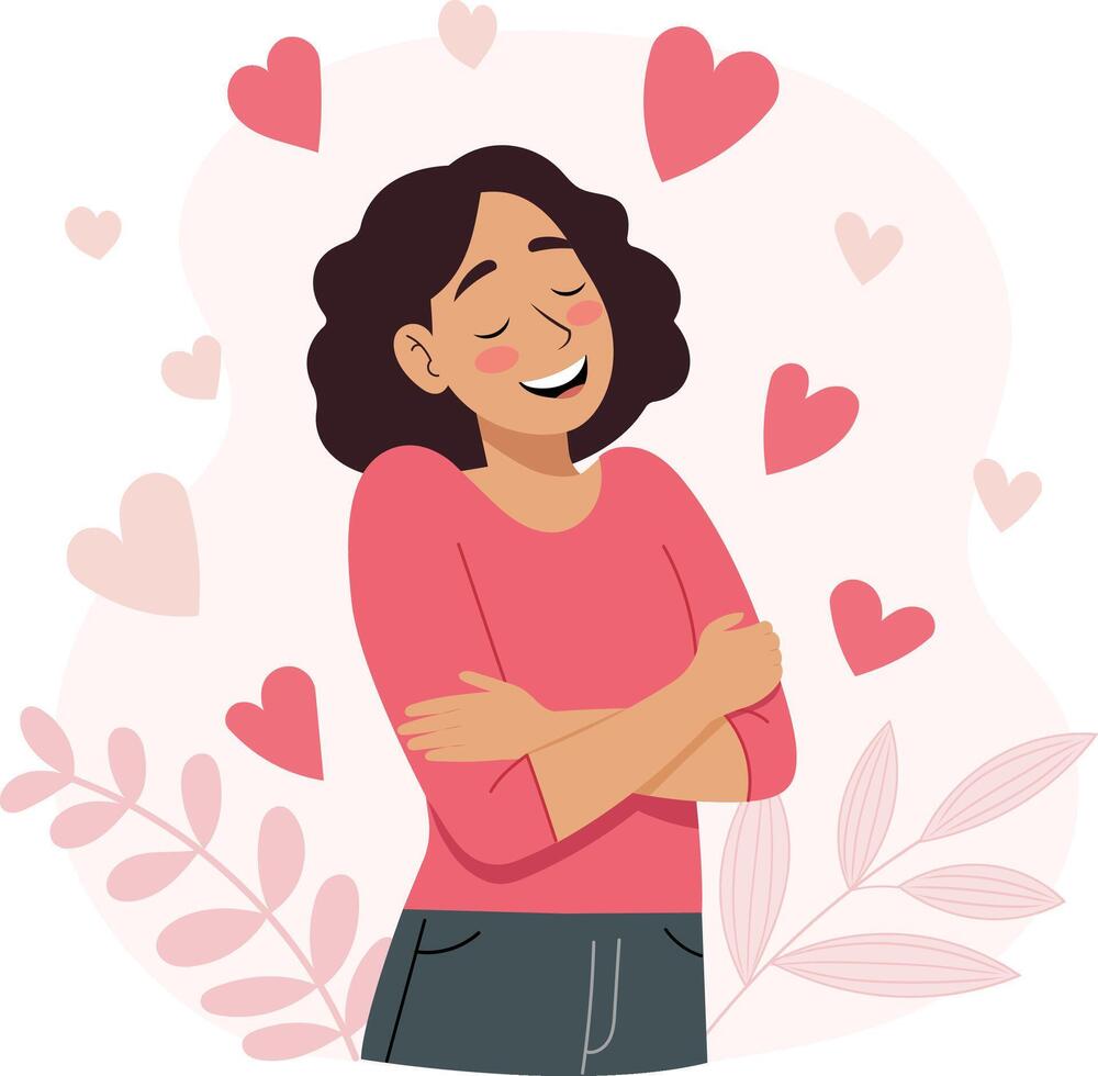 Illustration of a cheerful woman hugging herself with a warm smile, reminding of self-love and positivity vector