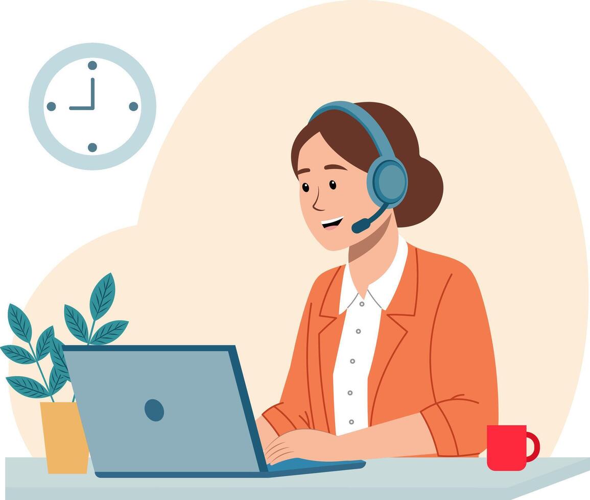 woman customer service representative working at a desk. She is typing on a laptop vector