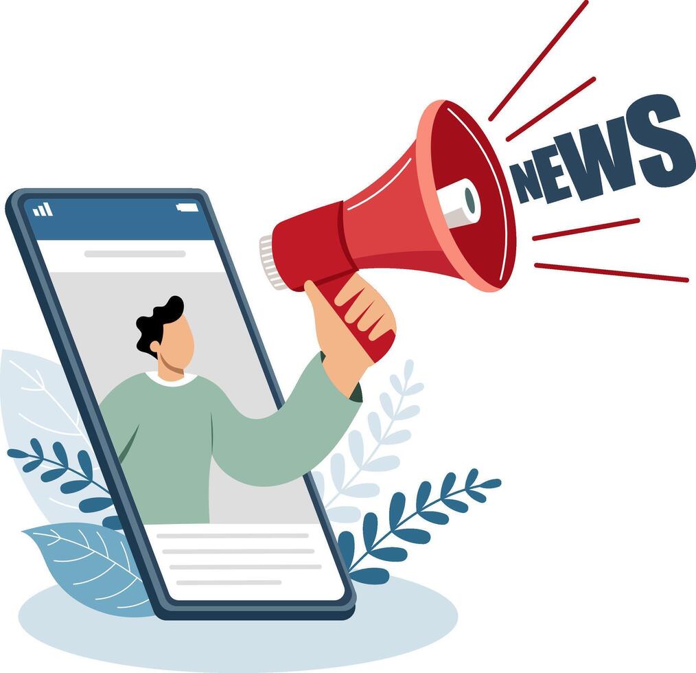 Illustration of a smartphone with a person holding a red amplifier appearing from the phone, symbolizing an announcement. vector