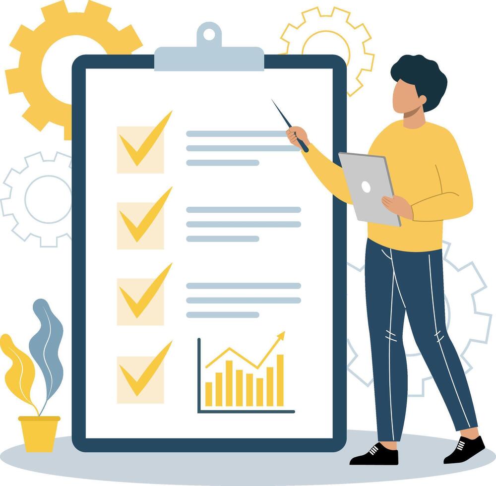 Illustration of a young man working, standing next to a large checklist, representing work efficiency and organization. vector