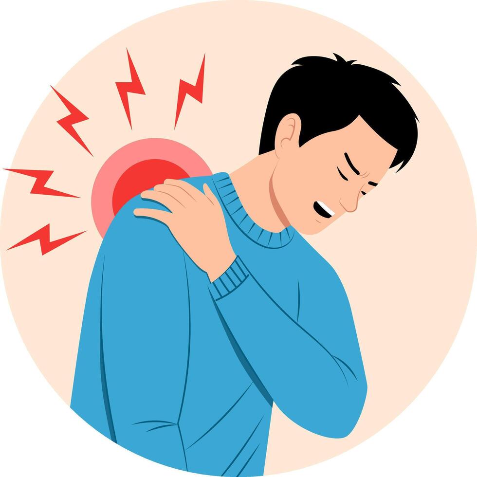 Illustration of a man who is having shoulder pain. He is in pain and holding his shoulder. vector