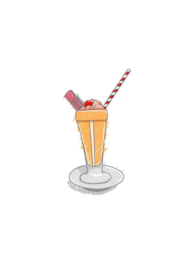 Milk shake drink with strawberry cream and cherry wafer stick vector