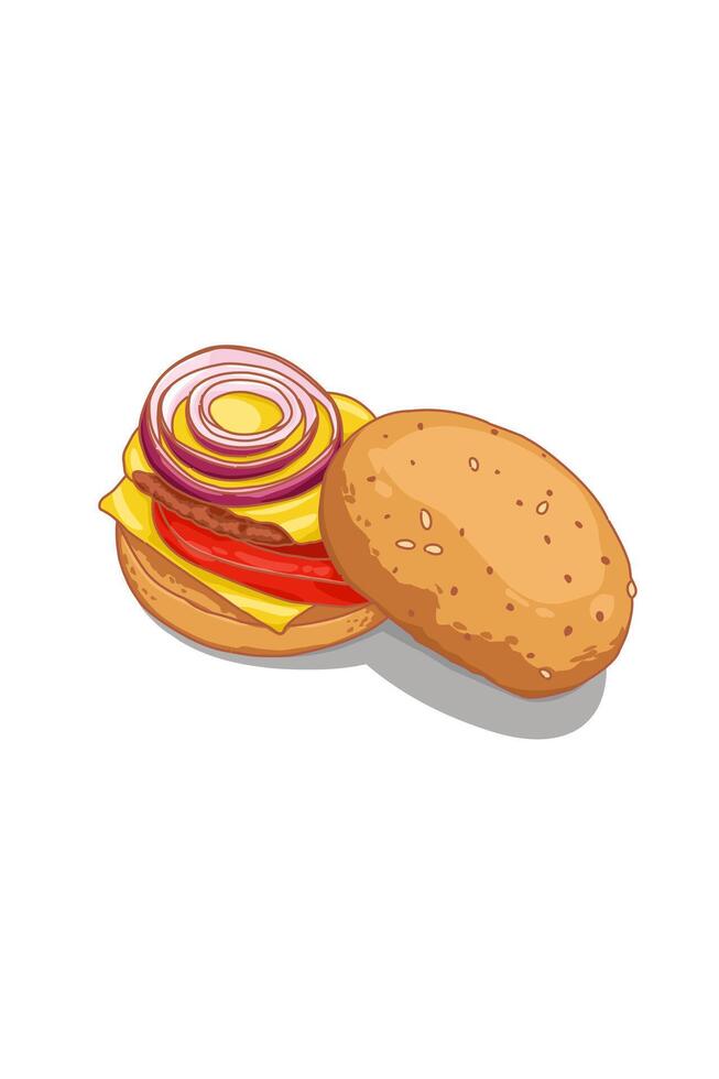 Burger meat melted mozzarella cheese tomato onion and Bun street food issolated on white background vector