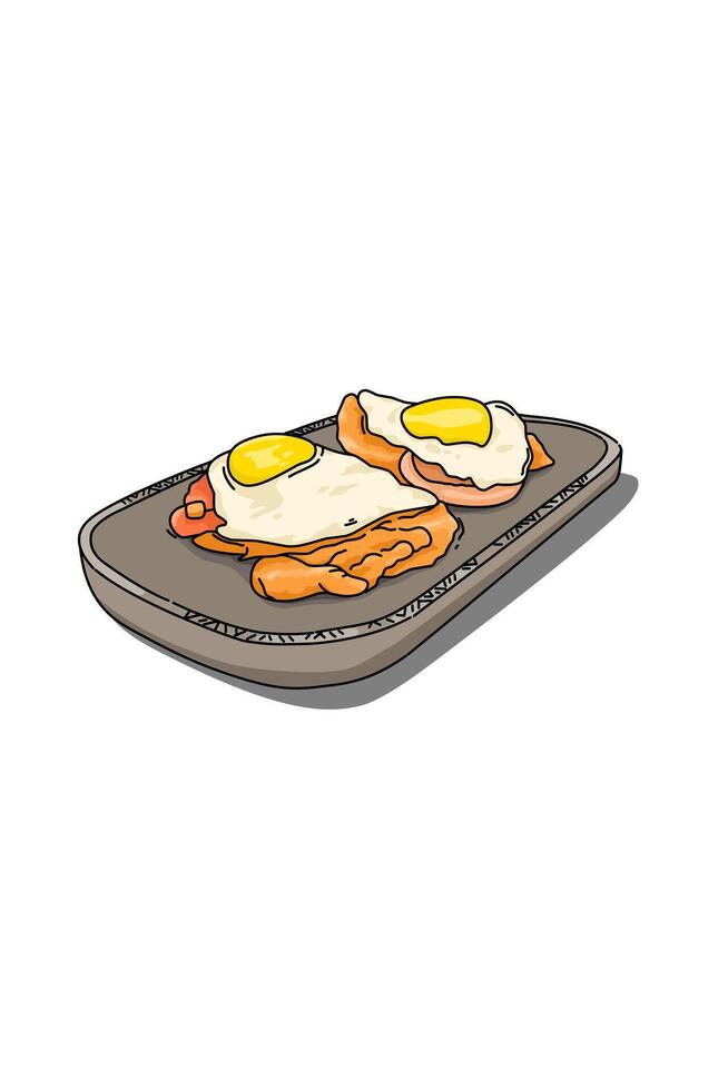 Fried eggs fried meat and bread on Tray for breakfast. Food illustration vector