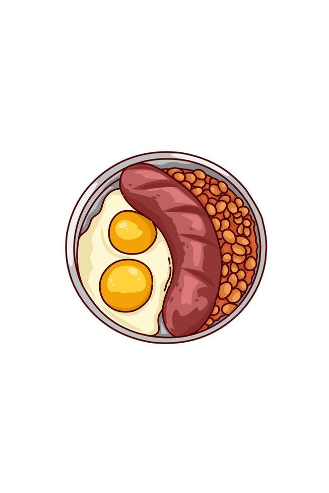 Breakfast of red bean sausage and fried egg on a plate on a white background vector