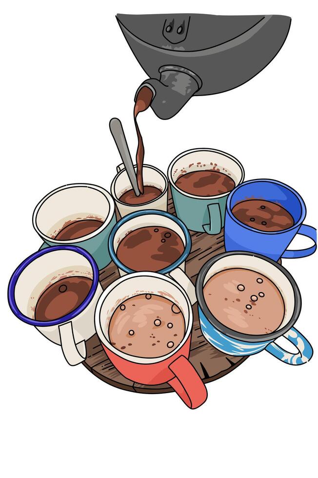 Morning Delicious coffee from kettle in some mug. Outdoor drink coffee at camping vector