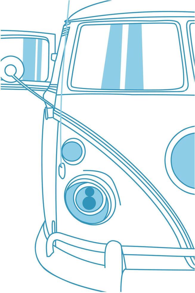 Retro Mini Van blue line art outline drawing on white background vector