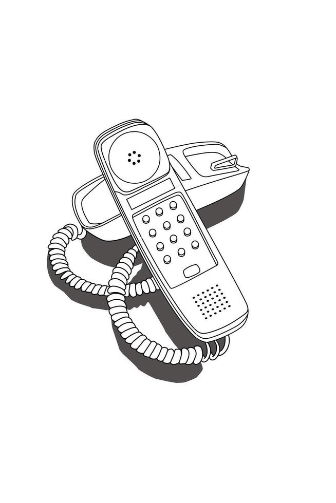 Art line sketch retro landline telephone technology with dial number issolated on white and shadow vector