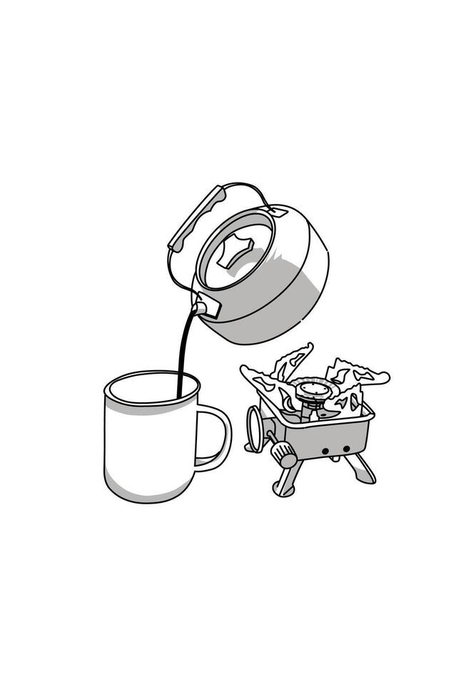 Line art drawing Coffee in a cup with kettle and portable stove while camping vector