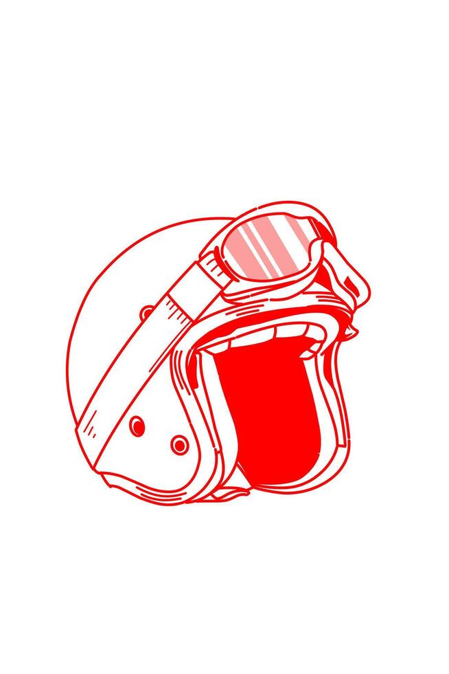 Red Line art drawing scooter retro helmet with sunvisor. Helmet Blue print vector