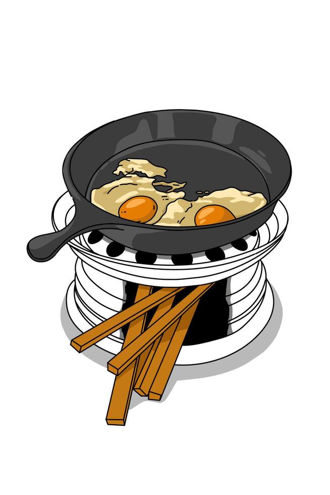 Fried eggs in a frying pan On the wood burning stove vector