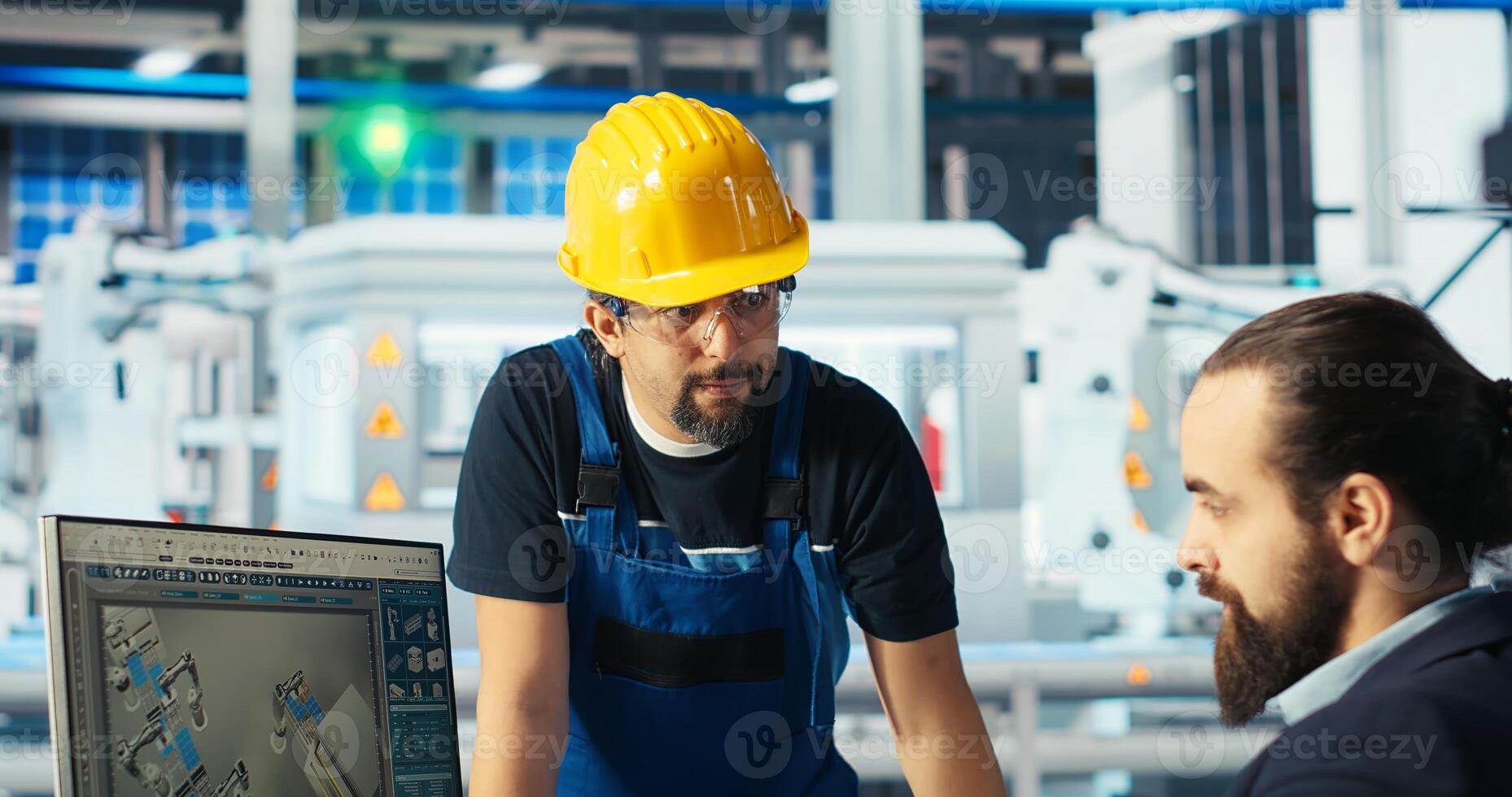 Factory manager delegating tasks to employee, improving solar panels efficiency. Team leader sends worker to make adjustments after researching more sustainable energy solutions, camera B photo