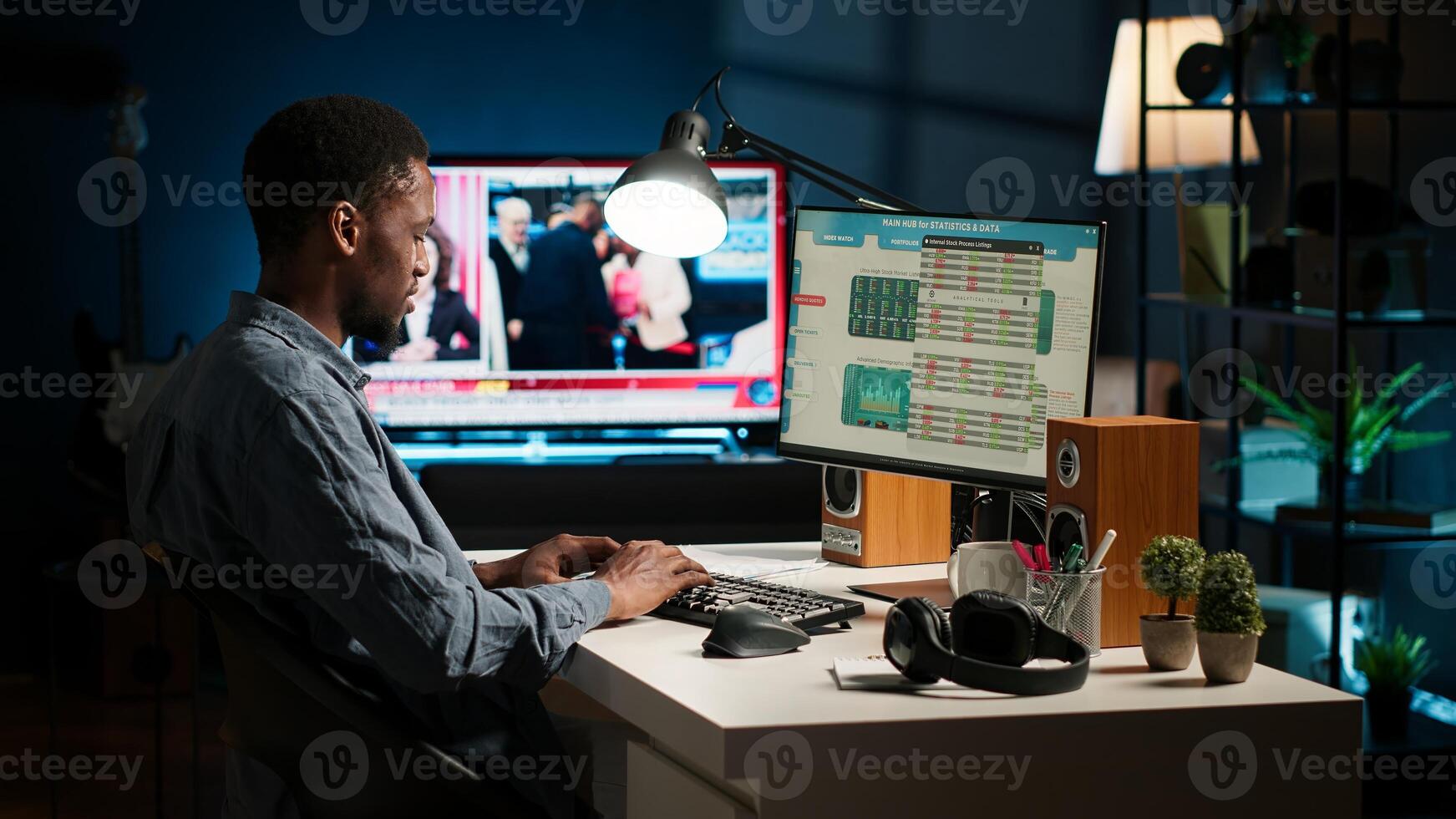 Operating from home setup, freelancer evaluating monetary data and searching international capital funds sources to help expand business. Fiscal analyst validates budget balance. Camera A. photo