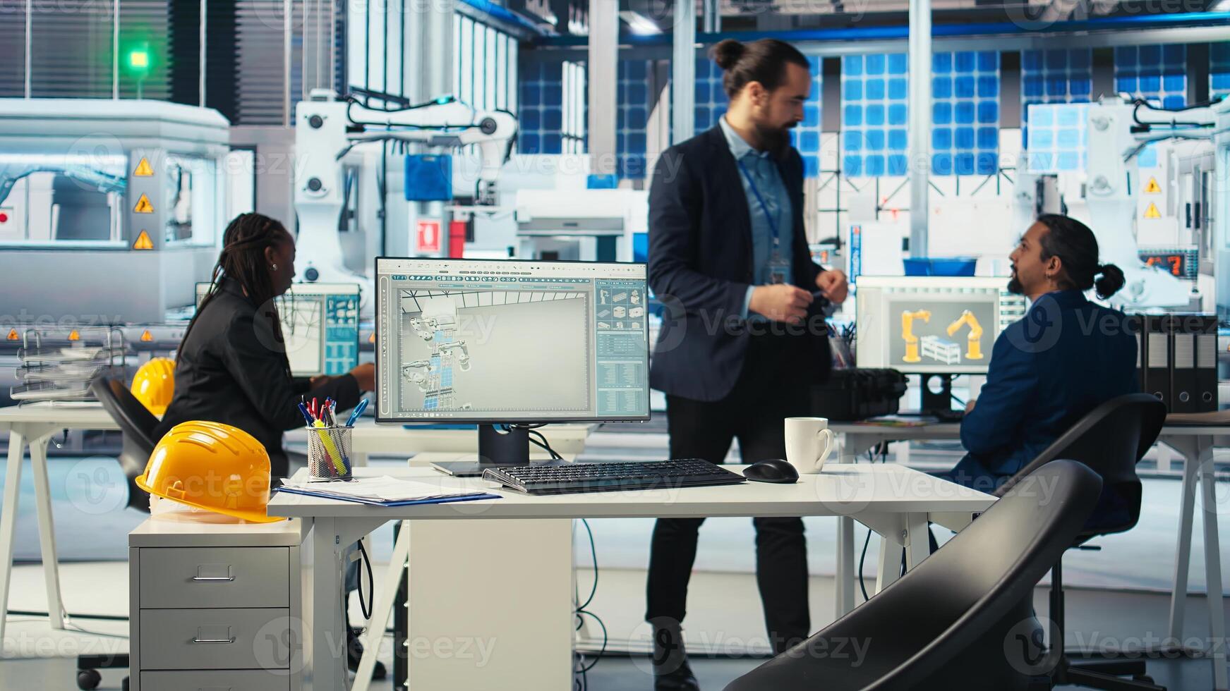 Factory manager adjusting system parameters to maximize solar cells power generation. Supervisor coordinating with technicians, doing system inspection in photovoltaics manufacturing plant. photo