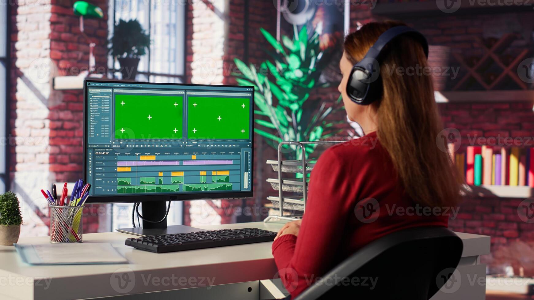Female creator working on editing movie with green screen, using movie post production software. Female footage editor starting cinematic film editing industry. Camera A. photo