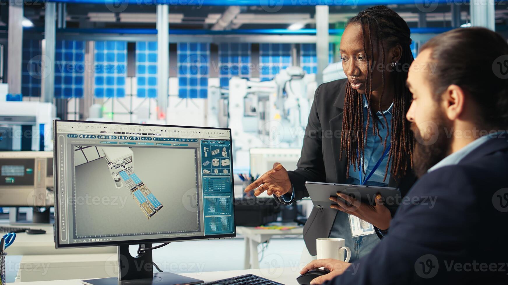 Photovoltaics manager and coworker brainstorming, adjusting system parameters to maximize power generation. Man talking with colleague,optimizing energy supply in solar panel plant, camera A photo