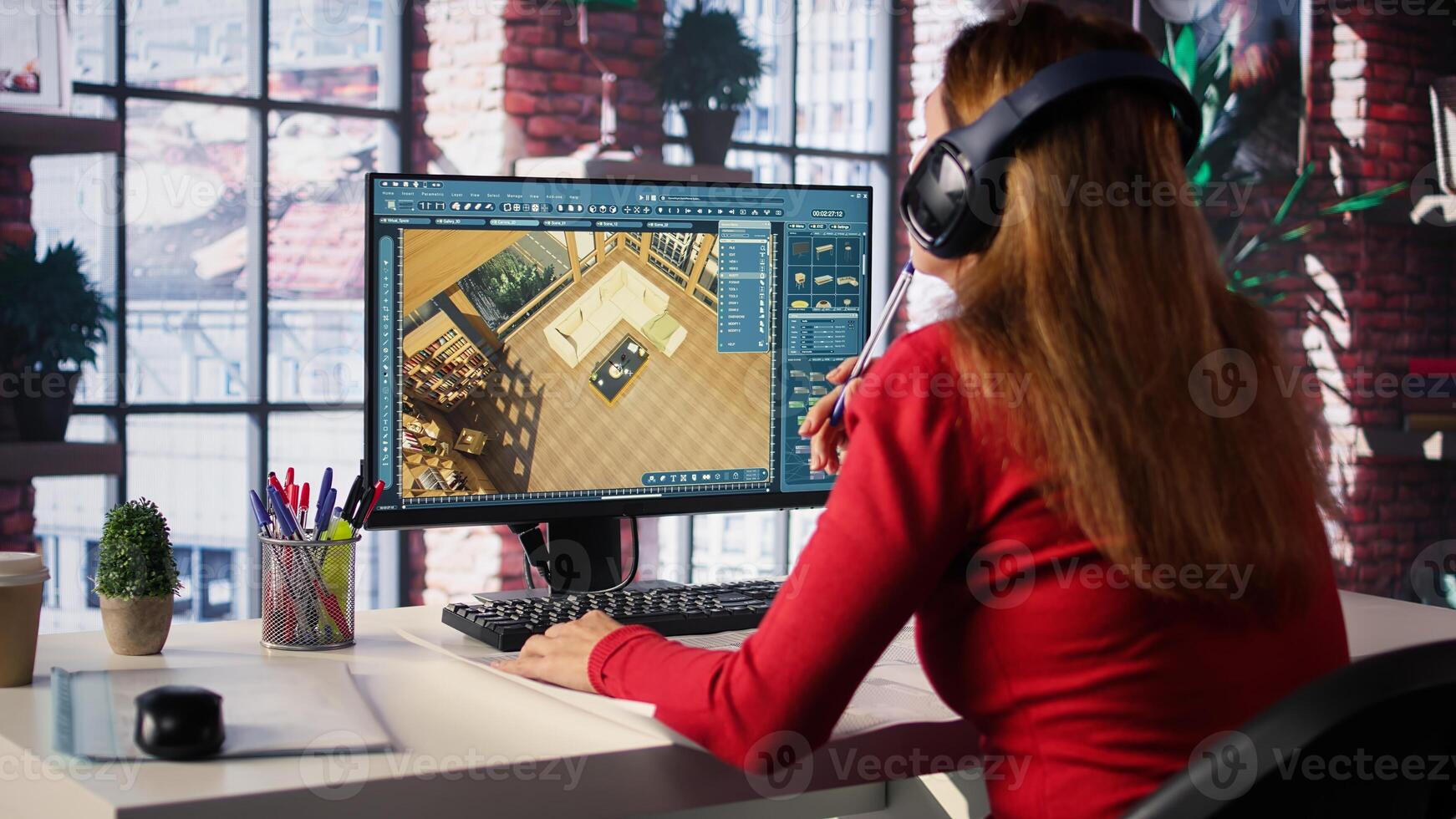 Female employee creates 3D render of apartment interior using blueprints and architectural software. Woman employs computer aided tools and models to allow customization of flooring. Camera B. photo
