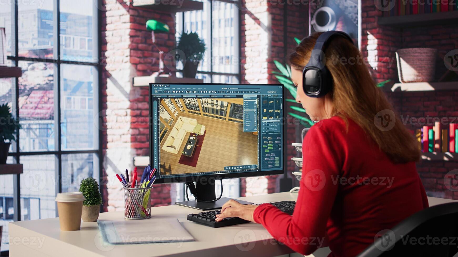 Designer interacts with digital technology to produce virtual home. Architectural software enables 3D modeling and rendering, placement of furniture and layout adjustments. Camera B. photo